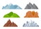 Cartoon mountains ridges. Nature landscape elements with snowy tops, green hills, stone cliffs. Outdoor wild areas