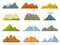 Cartoon mountains ridges, rocky cliffs, snowy peaks and hills. Stone cliff, volcano, hill, mountain nature game design