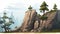 Cartoon Mountainscape Game Asset: Crag, Trees, Stones, And Hill