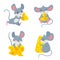 Cartoon mouse with cheese. Smiling characters holding food pieces. Playful animal running, eating snack
