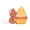 Cartoon mouse with a huge cupcake. Vector illustration on white background.