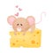 Cartoon mouse lies on a huge piece of cheese. Vector illustration.