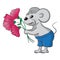 A cartoon mouse in shorts gives a bouquet