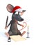 Cartoon mouse wearing Santa hat and writing Christmas wish list.