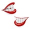 Cartoon mouth with smile. White tooth. Red lip. Dental health. Face Part. Vector illustration.