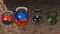 Cartoon multicolored mixed kettlebell on a brick wall background