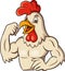 Cartoon muscle rooster mascot on white background