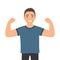 Cartoon muscular man. Funny athletic guy. Happy man proudly shows his muscles in strong arms.