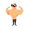 Cartoon muscular man with a mustache. Funny athletic guy. Bald man proudly shows his muscles in strong arms. flat