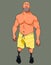 Cartoon muscular man in shorts and with a naked torso