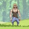 Cartoon muscular mustachioed long haired sad man in a green forest