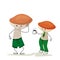 Cartoon mushroom characters. Younger mushroom offers older mushroom a hot drink