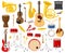 Cartoon musical instruments. Acoustic and electric instruments, guitars, drums, saxophone, violin vector illustration