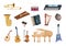 Cartoon musical instruments. Acoustic, electric, string and wind musical instruments with piano, guitars and drums