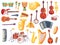 Cartoon musical instruments, guitars, bongo drums, cello, saxophone, microphone, drum kit isolated. Music instrument vector