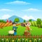 Cartoon Muslim boy and his sheep with old farmer at the farm background