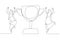 Cartoon of muslim businesswoman employee jump in the air with trophy cup concept of recognition. Continuous line art