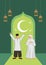 Cartoon muslim couple with crescent moon, stars in a green background. Ramadan fasting or Hari Raya festival concept