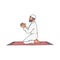 Cartoon Muslim man saying a prayer on a carpet.