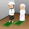 Cartoon Muslim men and women praying