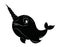 Cartoon narwhal. Cute fish unicorn. Fish with a horn. Children`s illustration of a whale. Black and white drawing of