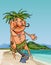 Cartoon natives man with a stone hammer on the seashore