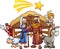 Cartoon nativity scene with shooting star