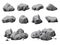 Cartoon natural stones. Boulder rock, stone and rubble pile. Isolated 3d mountain, gray rough granite decoration