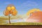 Cartoon nature autumn landscape in storm rainy wind cold day with grass, trees, cloudy sky and mountains hills. Vector