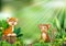 Cartoon of the nature scene with a baby leopard sitting on tree stump and monkey