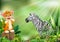 Cartoon of the nature scene with a baby tiger standing on tree stump and zebra