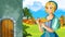 Cartoon nature scene with beautiful castles near the forest with beautiful young girl - illustration for the children