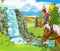 Cartoon nature scene with castle with horse in forest illustration