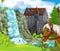 Cartoon nature scene with castle with horse in forest illustration