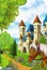 Cartoon nature scene with castle with horse in forest illustration
