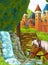 Cartoon nature scene with castle with horse in forest illustration