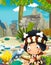 Cartoon nature scene with caveman - jungle - stone age family - with funny manga boy - happy scene