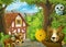 Cartoon nature scene near the forest with a path and animals - illustration