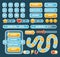 Cartoon navigation app menu elements, glossy buttons to play video game, progress bar, arrow and window gui design in