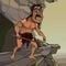 Cartoon Neanderthal man with a spear screaming standing on a stone cliff