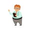 Cartoon nerd character standing with paper tablet in hand. Fat man in glasses, blue shirt, gray pants and red tie. Smart