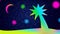 Cartoon night landscape - bright colorful palm tree on the background of the starry sky and the moon.