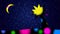 Cartoon night landscape - bright colorful palm tree on the background of the starry sky and the moon. Flashing colors.