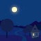 Cartoon night outdoor landscape. Contryside house near the path. Midnight blue sky. Stock vector illustration in flat