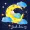 Cartoon night scene with cute cloud and star