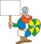 Cartoon Norman knight holding a shield and a large sign.