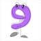 Cartoon number nine purple, funny numbers for children`s design, visual material cartoon numbers with eyes of character