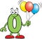 Cartoon number zero holding balloons.