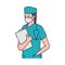 Cartoon nurse in blue surgeon doctor scrubs and protective mask