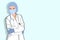 Cartoon nurse ,doctor, healthy worker, sciencest standing and half body wearing uniform and taking face mask ,bonnet and gloves pr